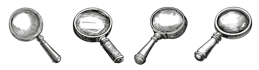 Vintage Magnifying Glass Collection in Sketch Style Artwork, Logo Design, Hand drawing Engraving, Vector Illustration Isolated Object