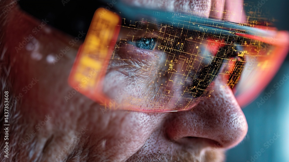 Poster man wearing smart glasses over virtual interface displaying data