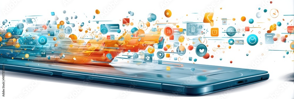 Aufkleber Stylized Smartphone Displays a Dynamic Explosion of Icons and Notifications Representing Digital Communication and Modern Technology
