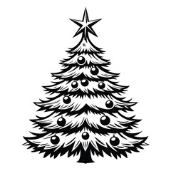 Obraz premium Black and White of Fir Tree Topped With Star and Hanging Baubles Design