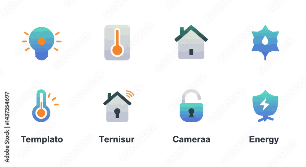Poster smart home automation icons set for temperature, energy, security and lighting control system with m