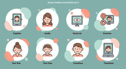 Social media accessibility features illustrated with inclusive design icons for captions, audio, contrast, control, text size and translation