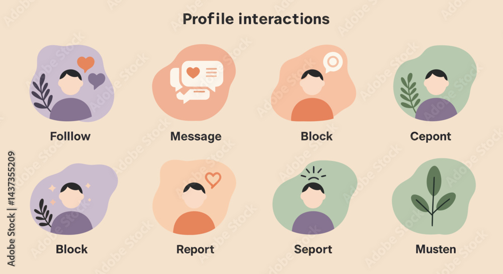 Poster social media profile interactions concept featuring follow message block report options and user eng