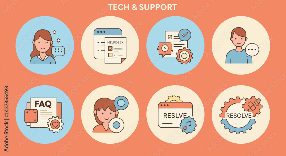 Poster tech support and customer service icons set depicting helpdesk assistance resolution and frequently 