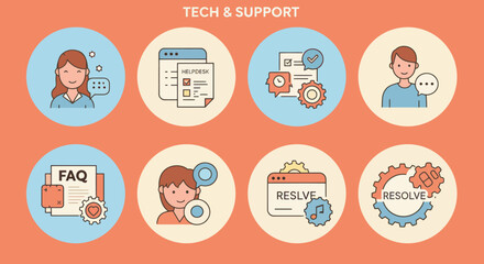 Tech support and customer service icons set depicting helpdesk assistance resolution and frequently asked questions for online problem solving