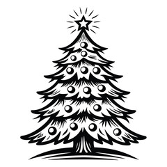 Obraz premium Black and White Christmas Tree with Star Topper and Baubles Decoration Isolated