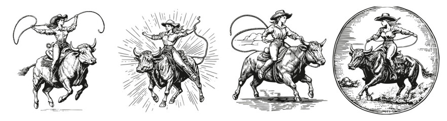 Vintage Illustration of Cowgirl Roping on a Steer in Various Styles, Logo Design, Hand drawing Engraving, Vector Illustration Isolated Object