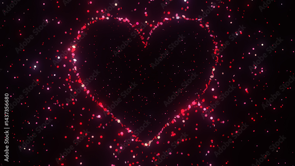Poster luminous heart shape created with bright pink sparkling particles on a dark background, symbolizing 