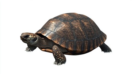 Obraz premium A tortoise, facing forward, on a white background. Detailed shell pattern