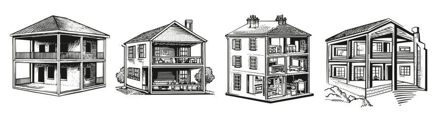 Vintage Illustrations of Distinct Architectural Home Designs, Logo Design, Hand drawing Engraving, Vector Illustration Isolated Object