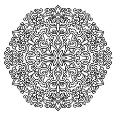 Elegant floral mandala design with intricate details, perfect for coloring books, meditation art, tattoo ideas, and decorative projects. Black and white ornamental pattern.