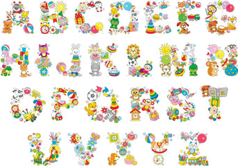 English alphabet with letters made from funny colorful toys and cute baby animals, for preschool education, a set of vector cartoon illustrations on a white background