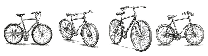 Vintage Bicycle Sketches in Black and White for Design Projects, Logo Design, Hand drawing Engraving, Vector Illustration Isolated Object