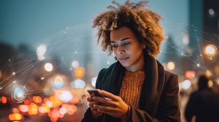 Woman Using Smartphone in Urban Setting with Network Overlay