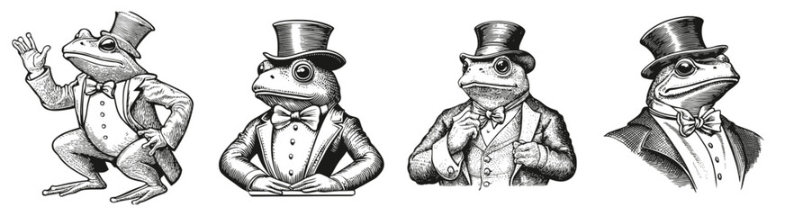 Illustration of Frogs in Classy Attire with Top Hats and Bowties, Logo Design, Hand drawing Engraving, Vector Illustration Isolated Object