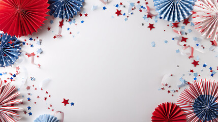 Festive Patriotic Party Decorations: A vibrant arrangement of red, white, and blue paper fans and star-shaped confetti on a pristine background, perfect for celebrating festive moments.