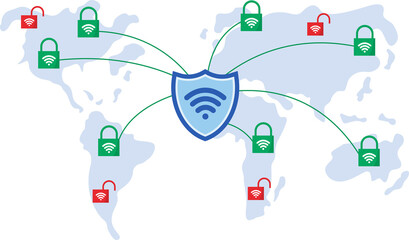 secure and unsecured global internet connections Wi-Fi network map vector illustration