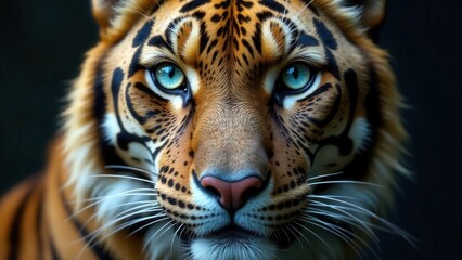 Close-up portrait of a majestic tiger, showcasing its striking blue eyes and intricate fur patterns, a captivating display of feline beauty and wild nature