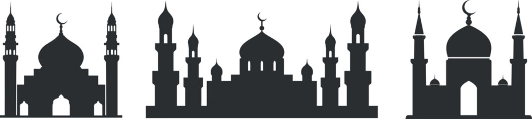 Silhouette of Islamic Mosques, Perfect for Religious or Cultural Imagery. Mosque Silhouettes, Islamic Architecture. Crescent moons against a white background.