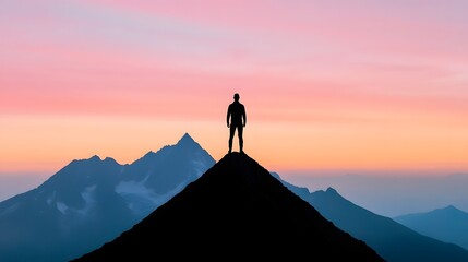 Silhouetted Entrepreneur Standing Atop a Rugged Mountain at Dramatic Sunset or Sunrise