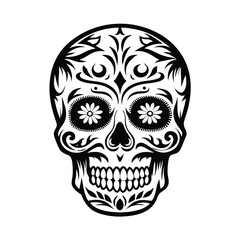 Ornate Skull with Floral Eyes and Tribal Motifs in Black and White