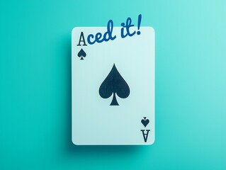 An ace of spades card isolated on a light teal background with handwritten &ldquo;aced it&rdquo; motto as a concept image of success. Copyspace for text edits