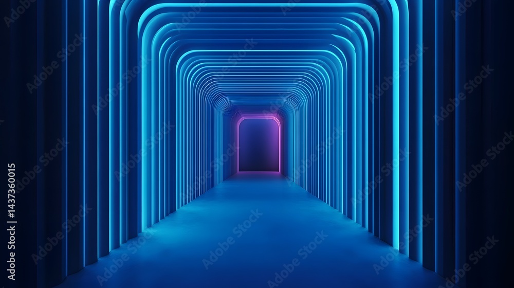 Poster futuristic glowing blue gradient tunnel - abstract digital architecture backdrop