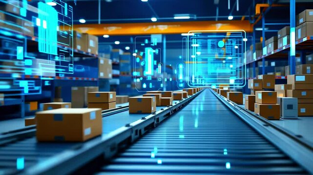 Modern warehouse with automated conveyor system transporting cardboard boxes amidst digital displays