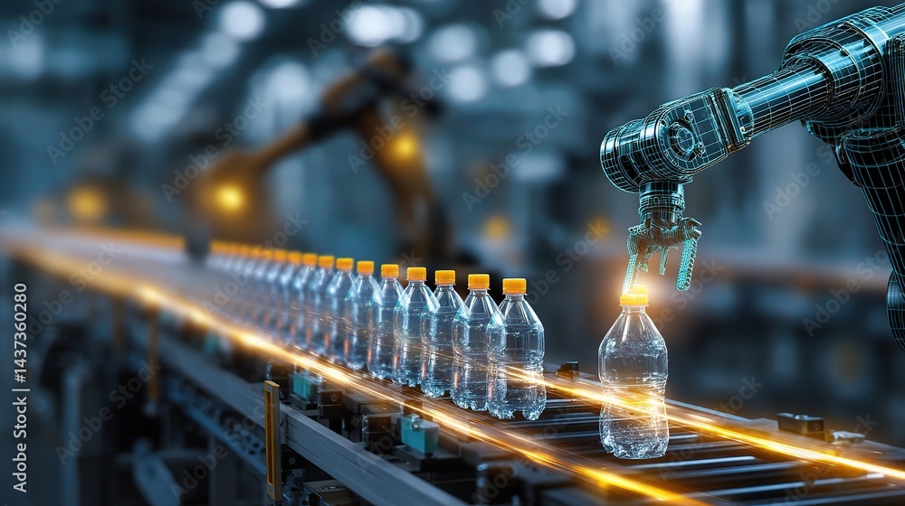 Poster advanced robotic arm in factory handling plastic bottles efficiently