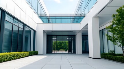 Modern Corporate Office Building with Futuristic Architecture and Lush Landscape