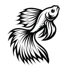 Betta Fish Swimming Gracefully, Black Silhouette on White Background, Elegant Fin Detail