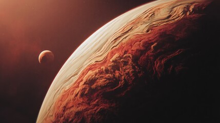 Alien planet with orbiting moon, vibrant colors and textures in space