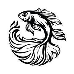 Ornamental Black and White Betta Fish Silhouette, Circular Design, Elegant Tail Fins