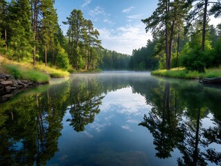 Peaceful waterscape reflecting tall evergreen trees and a serene sky