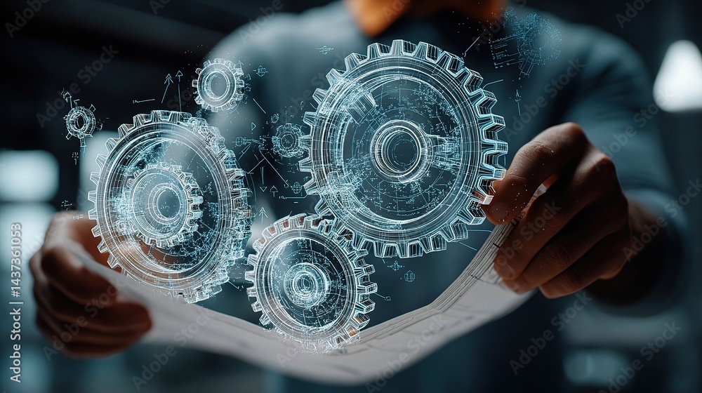 Poster holographic gears and data interfaces visualizing technology concepts