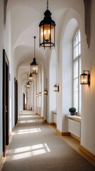 A long hallway with arched ceilings and hanging lamps
