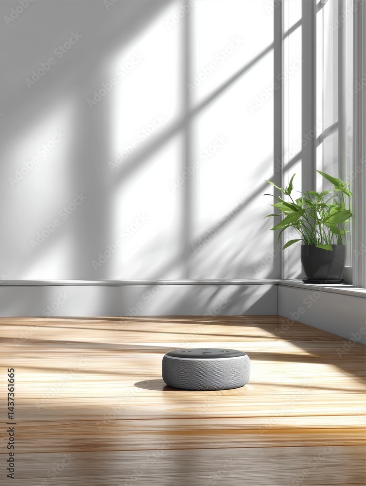 Aufkleber voice assistant device placed in a bright minimal room with natural light