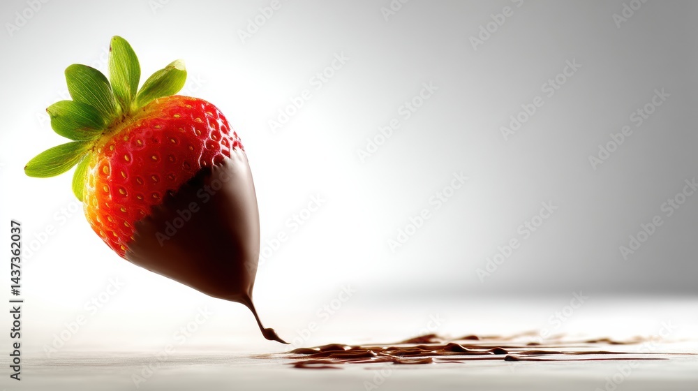 Poster chocolate dipped strawberry floating in air with delicate dripping chocolate against a bright backgr
