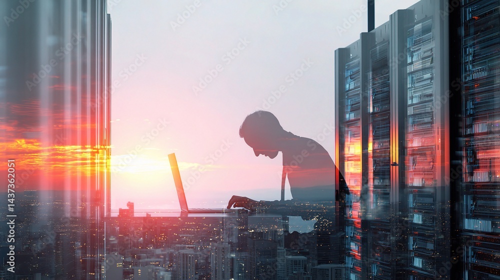 Poster it developer working on digital infrastructure with server background