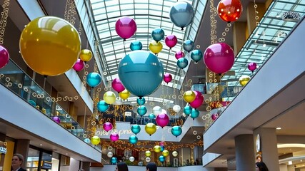 Vibrant mall ambience with colorful balloons and festive decorations in a busy shopping center