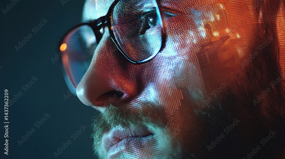 Poster portrait of a man with 3d render and grid overlay effects