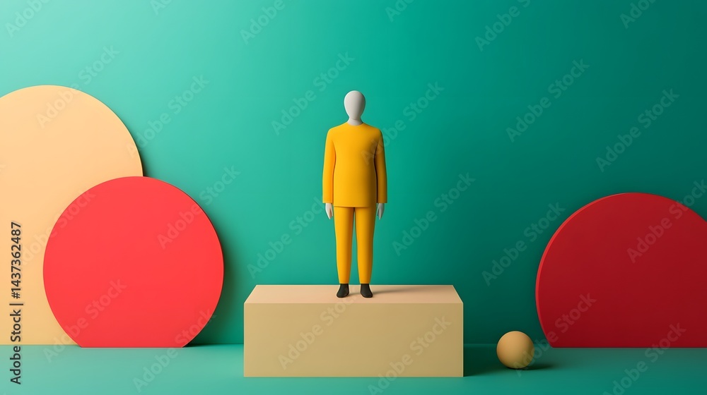 Poster minimalist surreal scene with geometric shapes and small figurative element