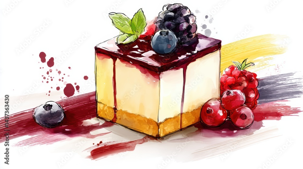 Poster minimalist cheesecake cube with berry sauce brushstroke and fresh berries on display