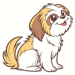 Cute Shih Tzu Cartoon Dog Breed with Brown and Yellow Markings Sitting Down Isolated