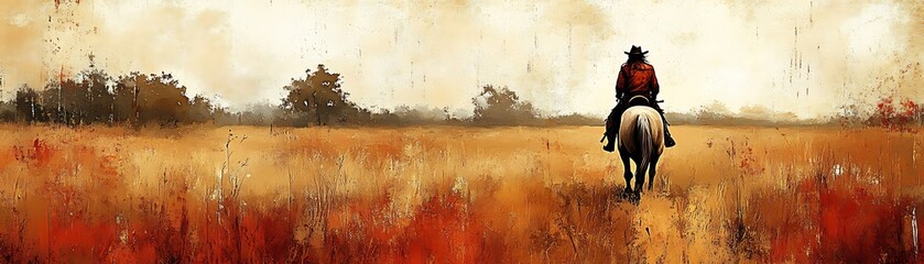 Cowboy riding horse in vast field, artistic illustration for western themed designs
