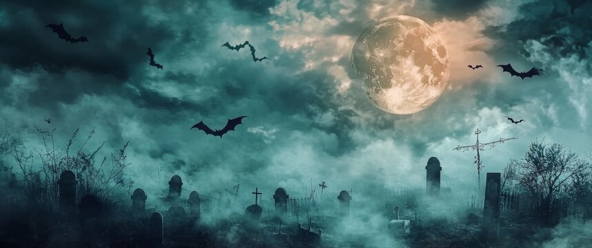 Dark and eerie misty graveyard with flying bats silhouetted against a full moon and ominous clouds, creating the perfect Halloween night backdrop for studio productions, event decorations, or spooky w