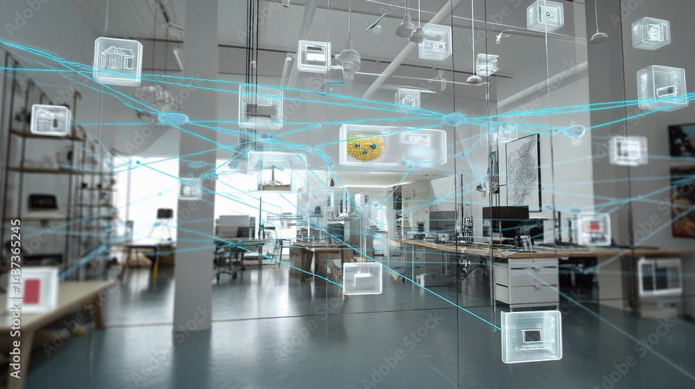 Poster modern office with iot concept visual of connected devices and data