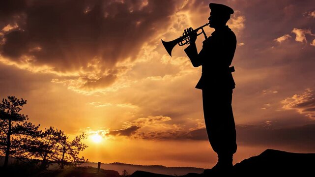 A soldier silhouette playing a bugle against a vibrant sunset backdrop highlighting the beauty of evening in a tranquil landscape