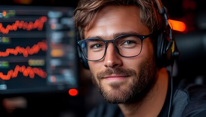 Focused man with glasses and headset near financial data screen