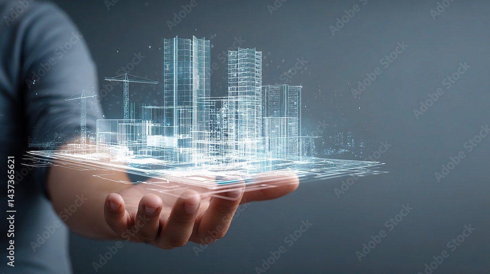 Poster professional holding blueprint with rotating hologram of building design
